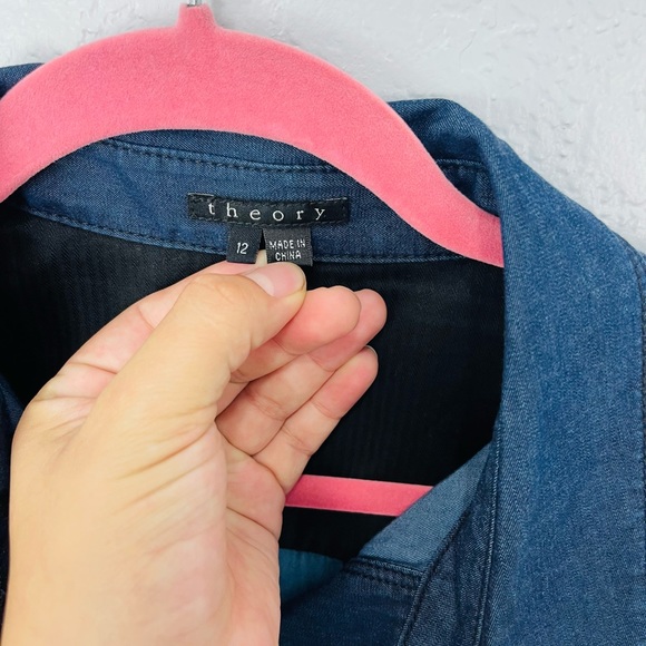 Theory Julissa Shirt Dress Dark Wash Denim Long Sleeves Pckets Belted Size 12 - Picture 5 of 8